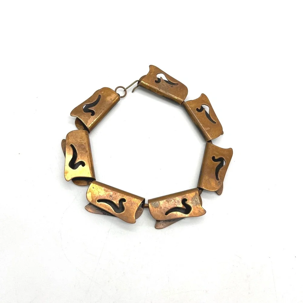 Vintage Copper Abstract‎ Swan Bird Cutout Link Bracelet Mid Century Modern 11in
